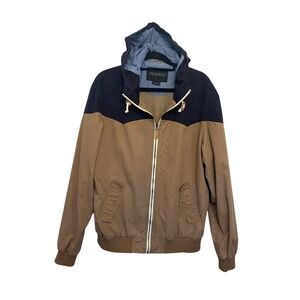Oak & Rush Mens Hooded Windbreaker Jacket Tan Navy Blue Colorblock Mens L Casual